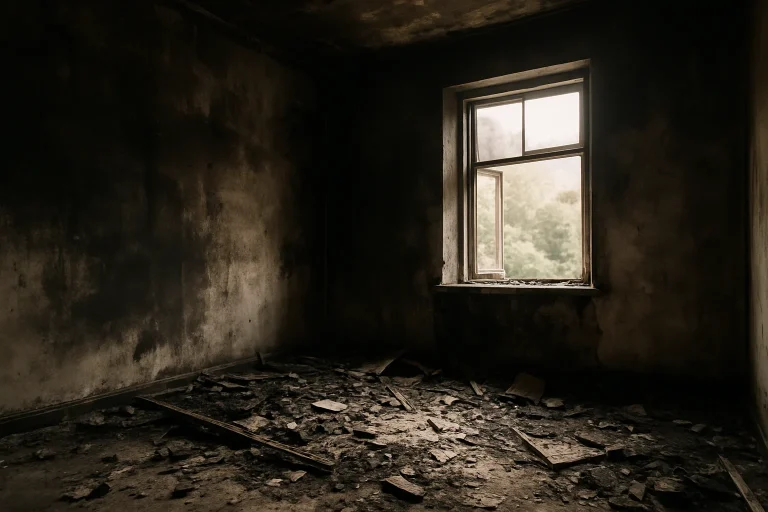 Intérieur d'une pièce avec des murs noircis et des débris au sol, éclairage doux.
