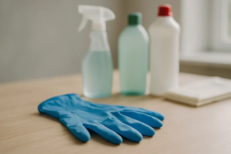 Gros plan de gants en latex bleu sur une table avec produits de nettoyage flous en arrière-plan