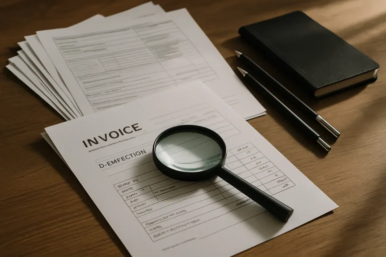 Documents liés à une désinfection sur une table avec une loupe et des stylos.