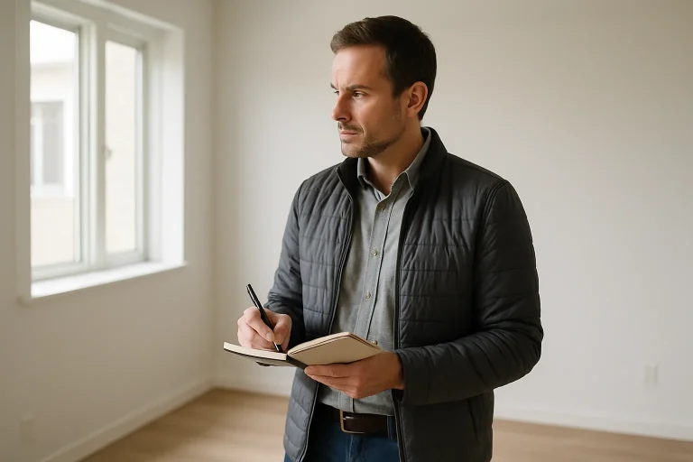 Un propriétaire inspecte un appartement vide avec un carnet en main, lumière douce.