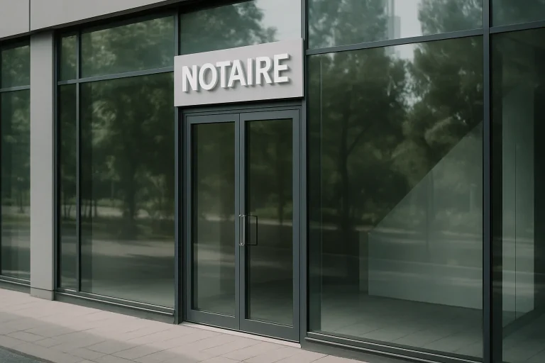 Façade d'un cabinet de notaire moderne avec une enseigne visible, éclairage diurne.