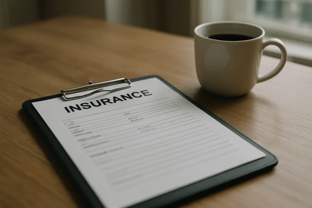 Gros plan sur un contrat d'assurance habitation sur une table en bois avec une tasse de café
