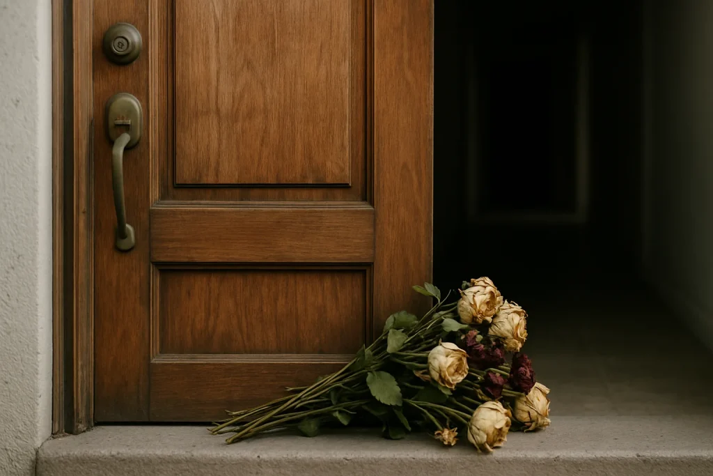 Gros plan sur une porte en bois avec des fleurs fanées, couloir sombre en arrière-plan